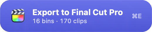 RoomSort's Export to Final Cut Pro button: 16 bins, 170 clips, shortcut command E.