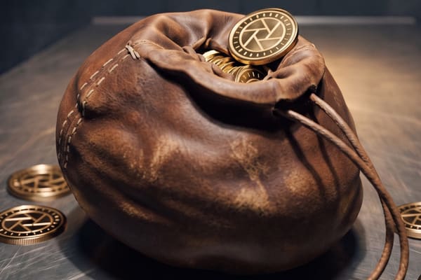 A leather coin bag full of gold coins on a steel table